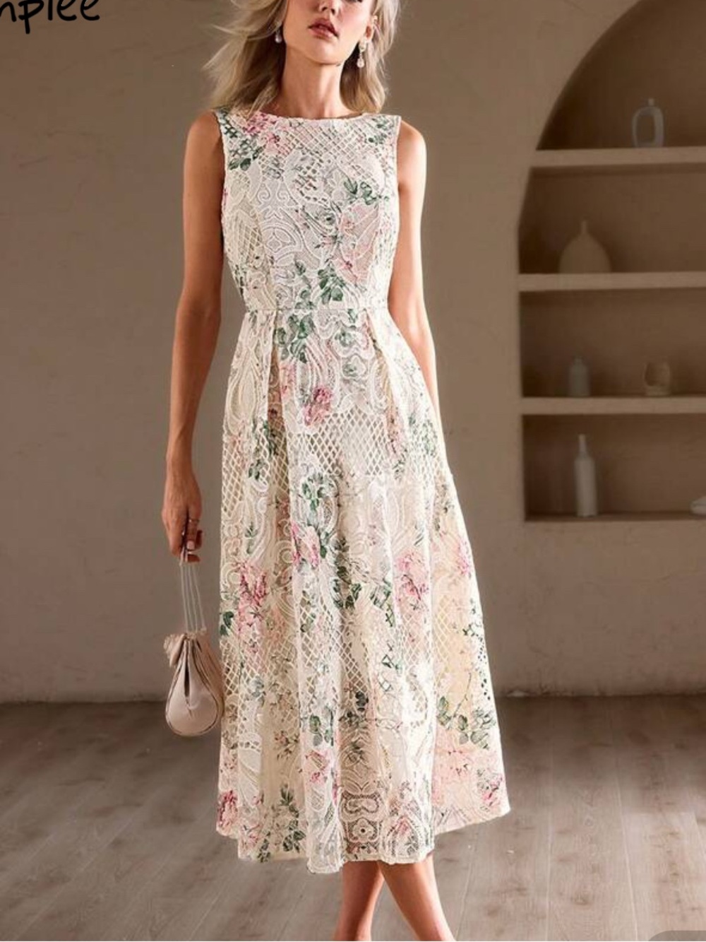 Sleeveless Floral Lace Midi Dress in Cream and Pink